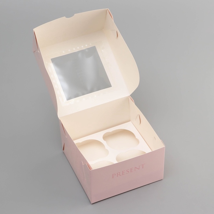 Коробка под 4 капкейка с окном , Коробка под 4 капкейка с окном , "Прекрасной", 16 х 16 х 10 см, кондитерская упаковка