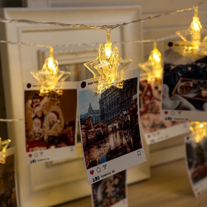 Гирлянда «Нить» 4.5 м с насадками «Прищепки-звёзды», IP20, прозрачная нить, 20 LED, свечение тёплое белое, 220 В Гирлянда «Нить» 4.5 м с насадками «Прищепки-звёзды», IP20, прозрачная нить, 20 LED, свечение тёплое белое, 220 В