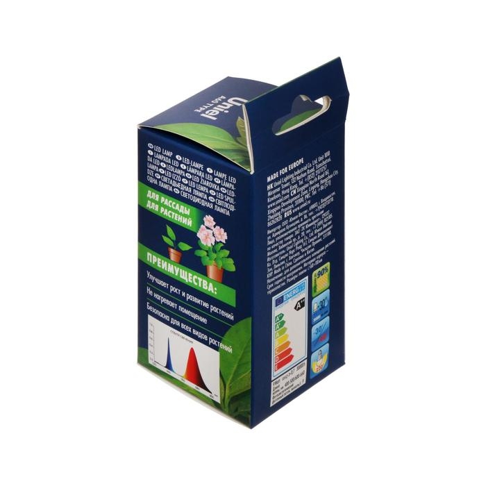 Фитолампа светодиодная Uniel, А60, Е27, 9 Вт, 250 В, 220&deg;, мультиспектральная