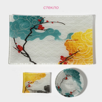 Набор для суши из стекла Доляна &laquo;Абстракция&raquo;, 3 предмета: соусники 8&times;2 см, 8&times;6 см, подставка 25&times;15&times;2 см