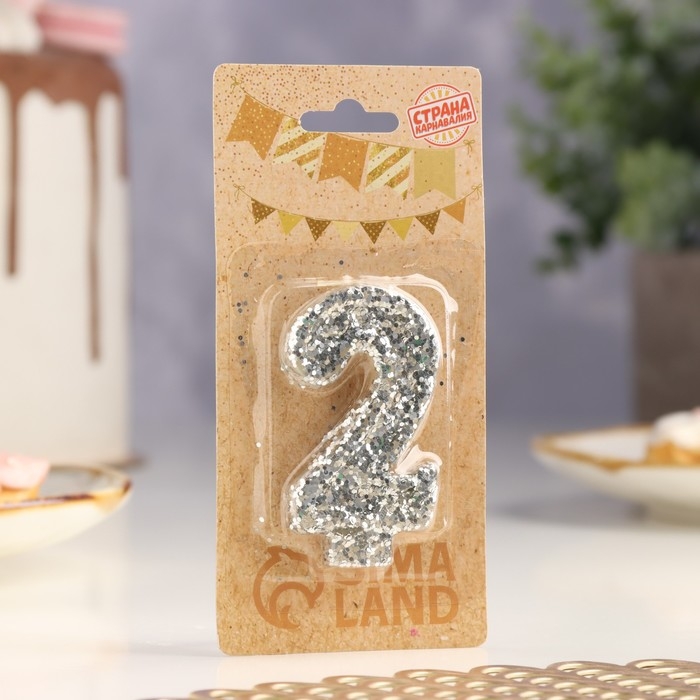 Свеча в торт &laquo;Блестки&raquo;, цифра "2", серебро, 6.5х4
