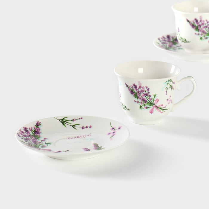 Сервиз фарфоровый чайный Доляна &laquo;Лаванда&raquo;, 4 предмета: 2 чашки 220 мл, 2 блюдца d=14,2 см, цвет белый
