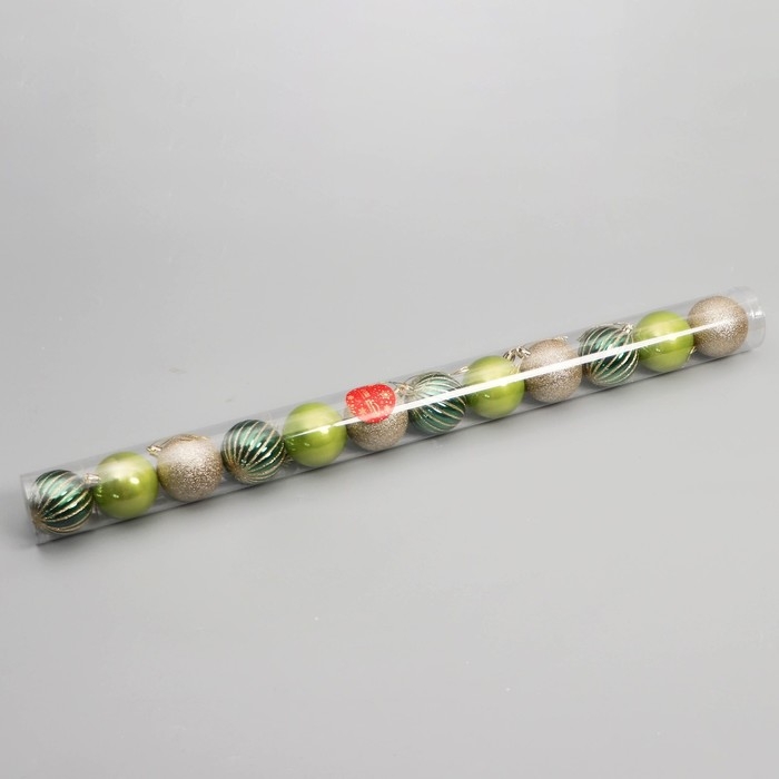 Набор шаров пластик d-6 см, 12 шт Набор шаров пластик d-6 см, 12 шт "Агнет" полосы блеск, зелёный золото