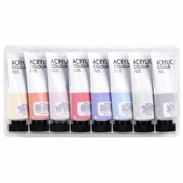 Краска акриловая в тубе, набор 8 цветов х 22 мл, BRAUBERG HOBBY, пастельные оттенки, 192406