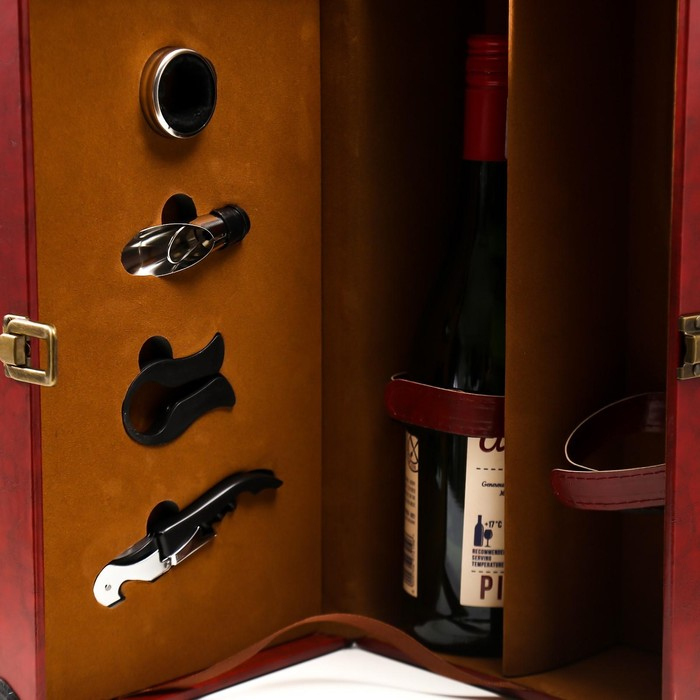 Шкатулка дерево, кожзам под бутылку Шкатулка дерево, кожзам под бутылку "Бордо" 4 предмета 35,5х20х12 см