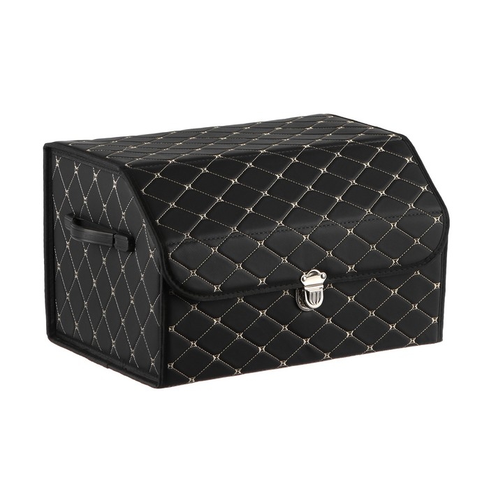 Органайзер кофр в багажник, C2R HT087, 48&times;30&times;30 см, экокожа, черный, бежевая строчка