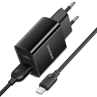 Сетевое зарядное устройство Borofone BA53A, 2xUSB, 2.1 А, кабель microUSB, 1 м, чёрное Сетевое зарядное устройство Borofone BA53A, 2xUSB, 2.1 А, кабель microUSB, 1 м, чёрное