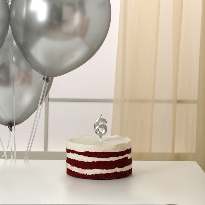 Свечи для торта + 5 шаров, цифра 6, серебро Свечи для торта + 5 шаров, цифра 6, серебро