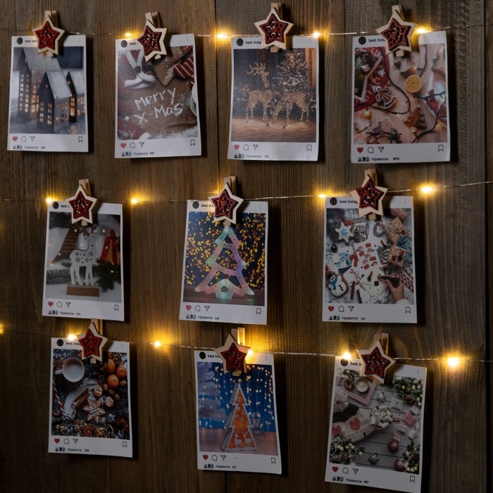 Гирлянда &laquo;Нить&raquo; 2 м роса с насадками &laquo;Прищепки-звёздочки&raquo;, IP20, серебристая нить, 20 LED, батарейки ААх2 (не в комплекте), свечение тёплое белое