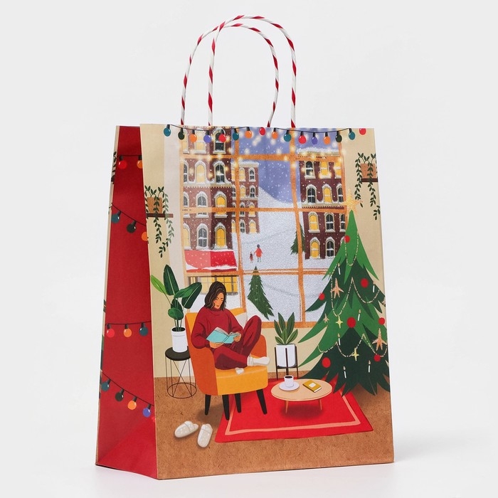 Новый год. Пакет бумажный подарочный новогодний крафт "Новогодний уют" 26 х 32 х 12 см.
