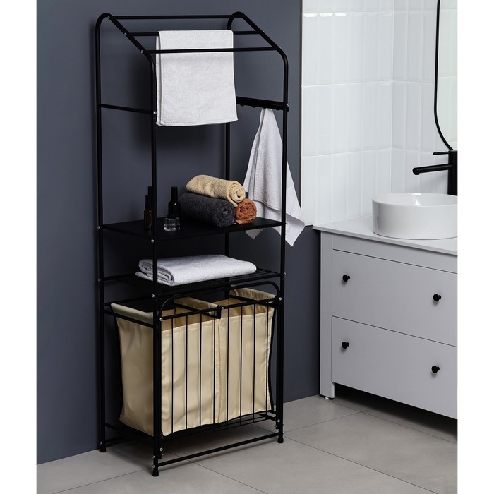 Стеллаж с двойной корзиной для белья и перекладинами, 2-х ярусный, 60&times;35&times;160 см, цвет чёрный