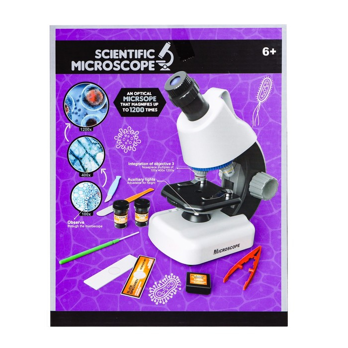 Микроскоп детский &laquo;Юный ученый&raquo; кратность х100, х400, х1200, подсветка, цвет белый
