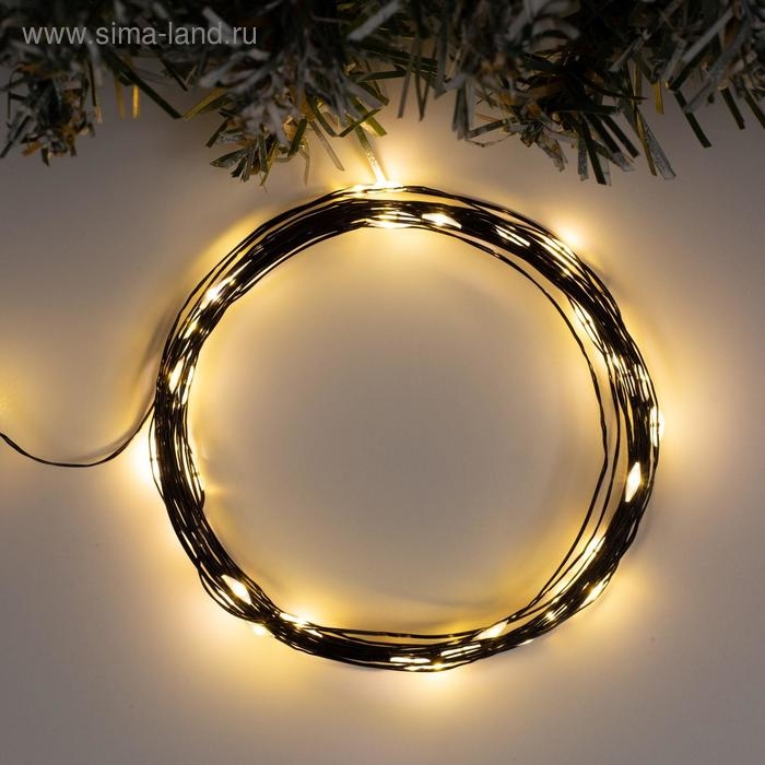 Гирлянда &laquo;Нить&raquo; 5 м роса, IP20, чёрная нить, 50 LED, свечение тёплое белое, USB