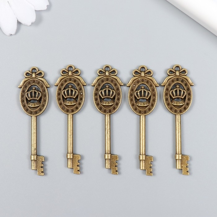 Декор для творчества металл "Ключик с короной" набор 5 шт бронза 1,6х5,7 см
