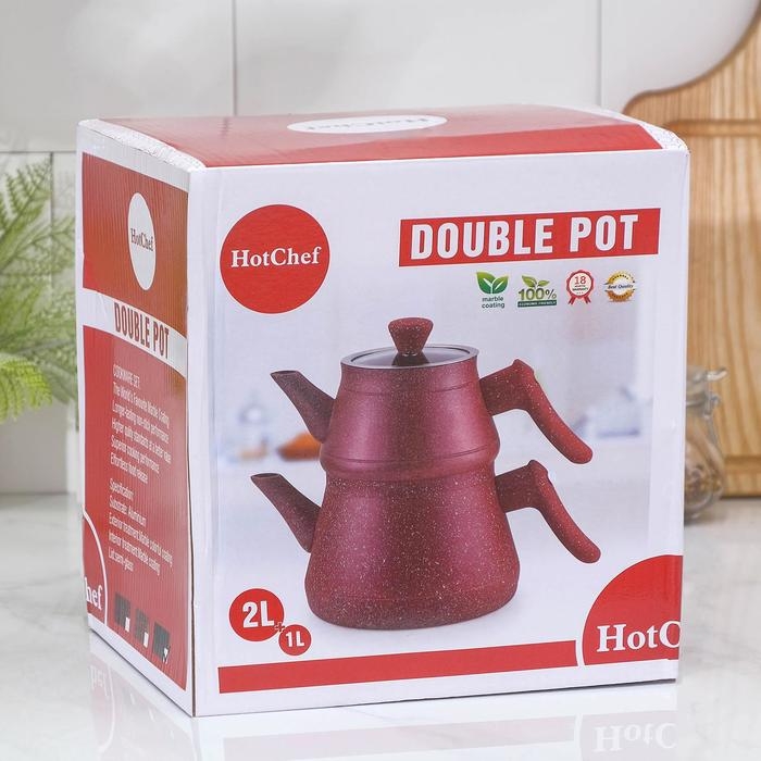 Чайник двойной &laquo;Турецкий&raquo;, 1 л, 2 л, антипригарное покрытие, цвет МИКС