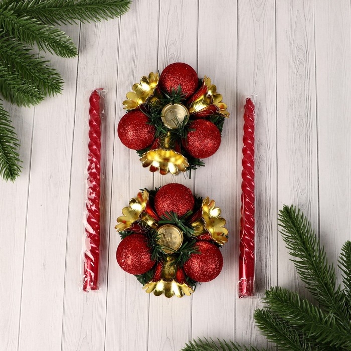 Свеча новогодняя с подсвечником Свеча новогодняя с подсвечником "Шарик, бусина" (набор 2 шт) 14,5х20 см, красно-золотой