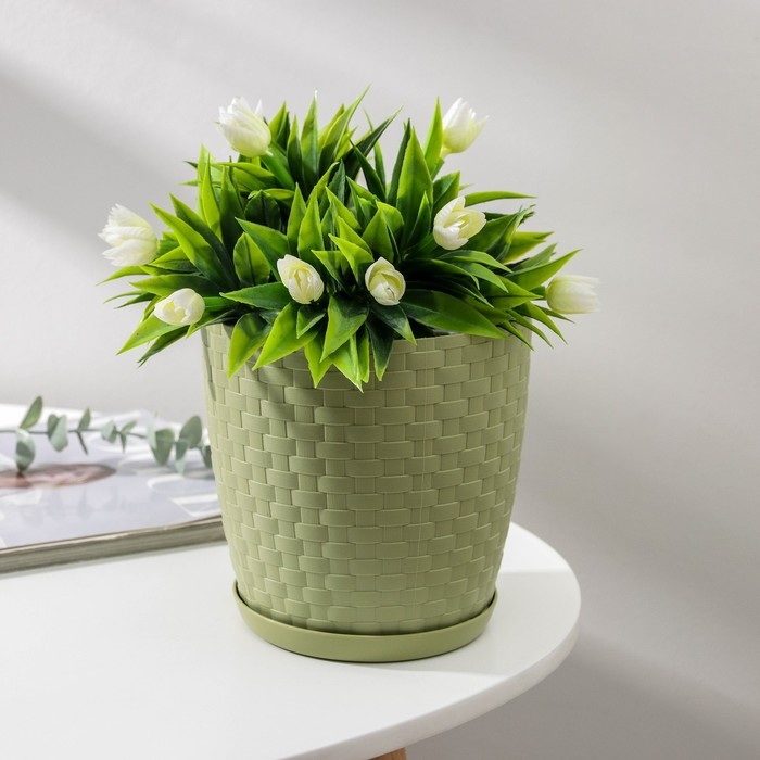 Горшок для цветов с поддоном &laquo;Ротанг&raquo;, 2 л, цвет оливковый