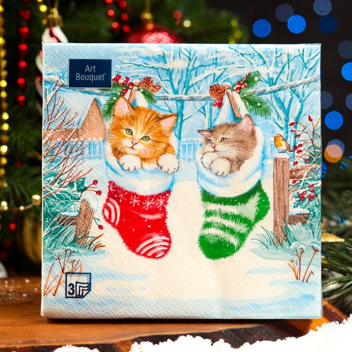 Новый год. Салфетки бумажные "Art Bouquet" Новогодний подарок Котята, 3 слоя,33x33, 20 листов