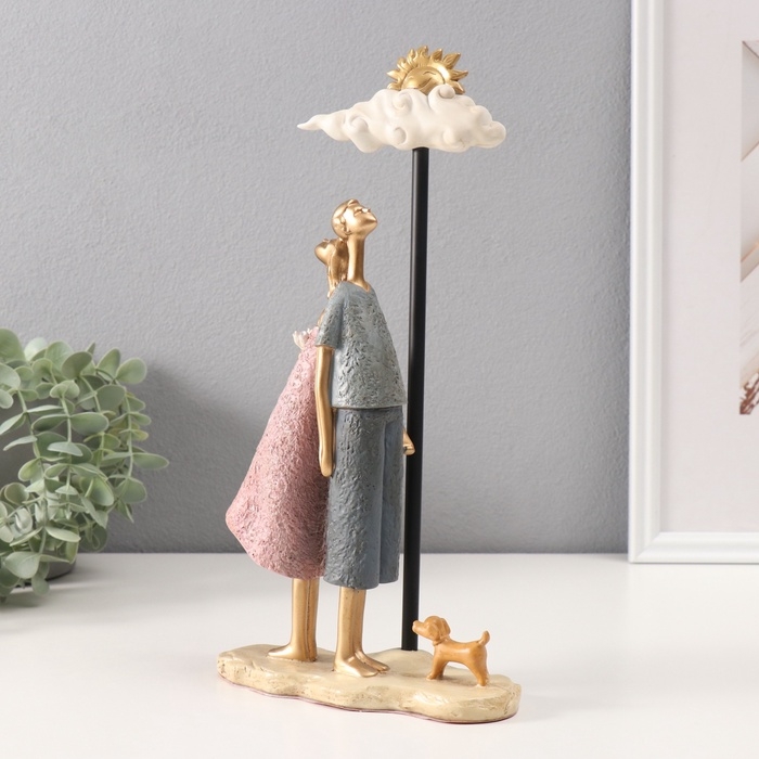 Сувенир полистоун "Пара на скамейке с тучкой и солнцем" розово-голубой 6х16х30 см