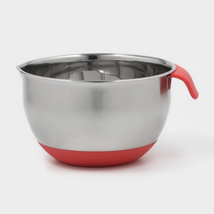 Миска из нержавеющей стали, 2 л, 22&times;19&times;11,5 см, с противоскользящим дном и мерной шкалой, силиконовая ручка