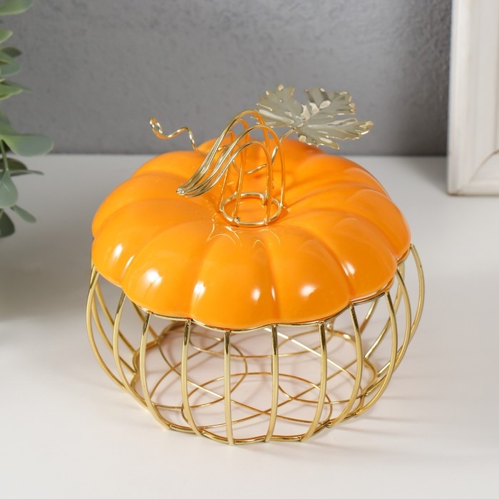 Шкатулка металл, керамика "Тыква с листочком" оранжевая с золотом 14х14х13 см