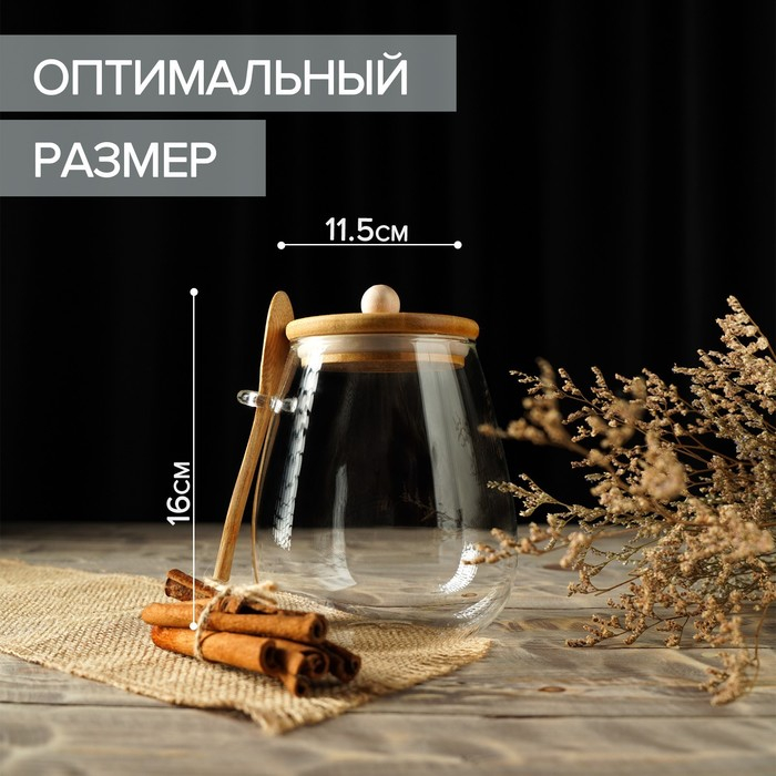 Банка стеклянная для хранения сыпучих продуктов &laquo;Эко&raquo; с ложкой, 1 л, 11&times;16 см, с бамбуковой крышкой