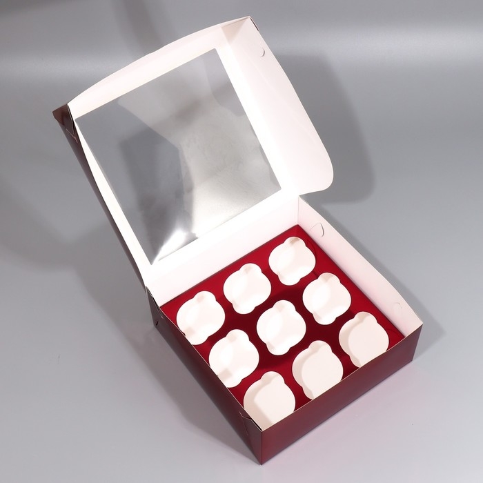 Коробка для капкейков, кондитерская упаковка с окном, 9 ячеек &laquo;Бордовая&raquo;, 25 х 25 х 10 см