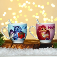 Подарочный набор новогодний из керамики &laquo;Мама, папа, с Новым годом!&raquo;, кружка 180 мл. 2 шт., ложка 2 шт., цвет белый
