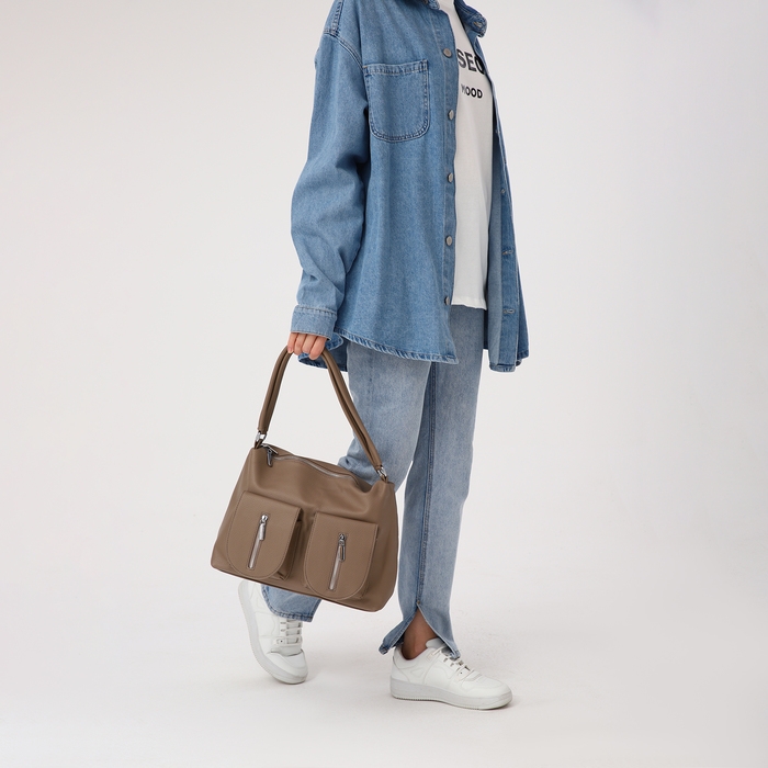 Сумка-тоут на молнии, 3 наружных кармана, цвет бежевый Сумка-тоут на молнии, 3 наружных кармана, цвет бежевый