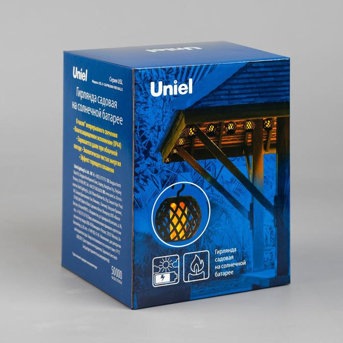 Гирлянда Uniel &laquo;Нить&raquo; 2.1 м с насадками &laquo;Огненные шары&raquo;, IP44, тёмная нить, 80 LED, эффект пламени, 1 режим, солнечная батарея