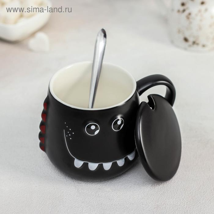 Кружка керамическая с крышкой и ложкой &laquo;Зубастик&raquo;, 480 мл, цвет МИКС