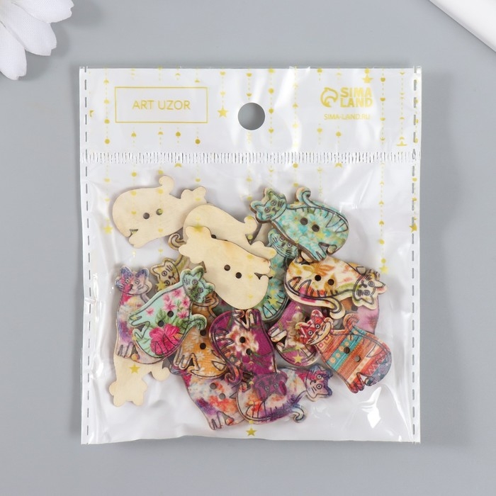 Пуговицы декоративные дерево 2 прокола "Яркие кошечки" набор 20 шт 3х1,8 см