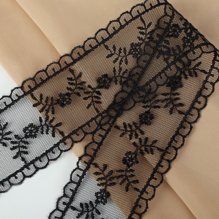 Кружево на сетке, 50 мм &times; 11 &plusmn; 1 м, цвет чёрный