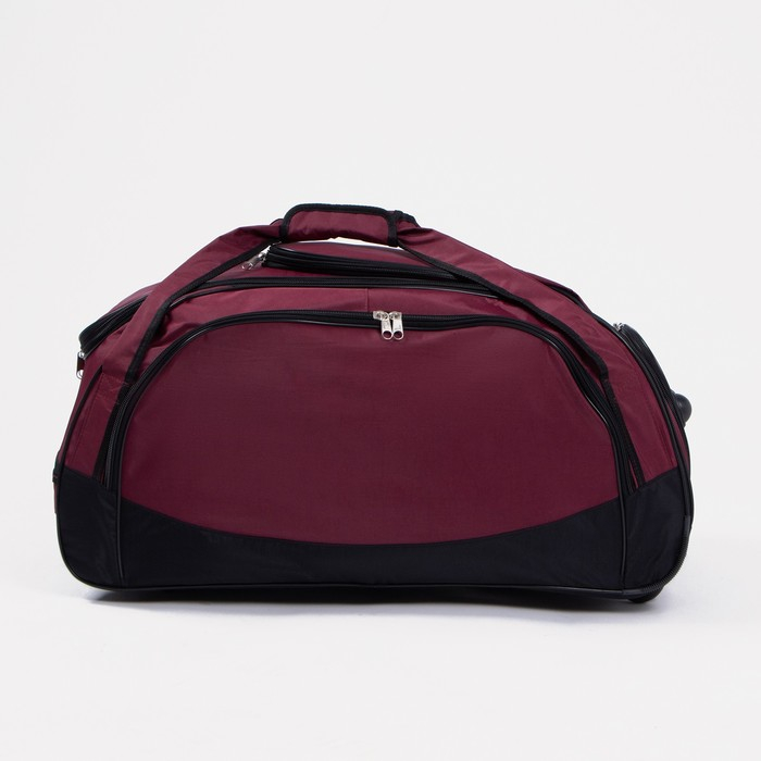 Сумка дорожная на колёсах, отдел на молнии, отдел для обуви, 3 наружных кармана, длинный ремень, цвет чёрный/бордовый