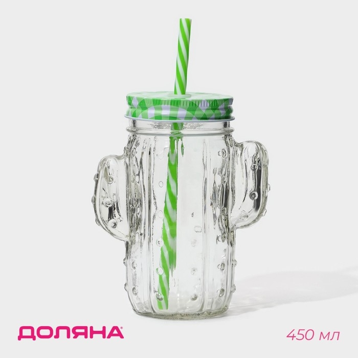 Кружка стеклянная с крышкой и трубочкой Доляна «Кактус», 450 мл, 11×7×15 см Кружка стеклянная с крышкой и трубочкой Доляна «Кактус», 450 мл, 11×7×15 см