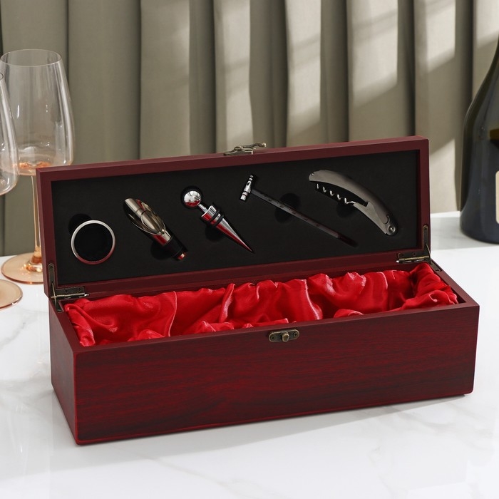 Набор для вина Доляна «Ла-Манш», 6 предметов: кейс для бутылки, каплеуловитель, кольцо, штопор, термометр, пробка Набор для вина Доляна «Ла-Манш», 6 предметов: кейс для бутылки, каплеуловитель, кольцо, штопор, термометр, пробка