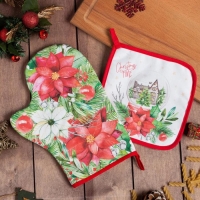 Новый год. Набор кухонный Christmas red flowers варежка-прихватка 20х28см, прихватка 19х19см, 100% хлопок