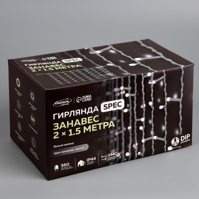 Гирлянда «Занавес» 2 × 1.5 м, IP44, УМС, белая нить, 360 LED, свечение белое, 220 В Гирлянда «Занавес» 2 × 1.5 м, IP44, УМС, белая нить, 360 LED, свечение белое, 220 В