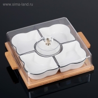 Набор салатников керамических с крышкой на деревянной подставке &laquo;Эстет. Квадрат&raquo;, 5 предметов, 33&times;27,5&times;11 см, цвет белый