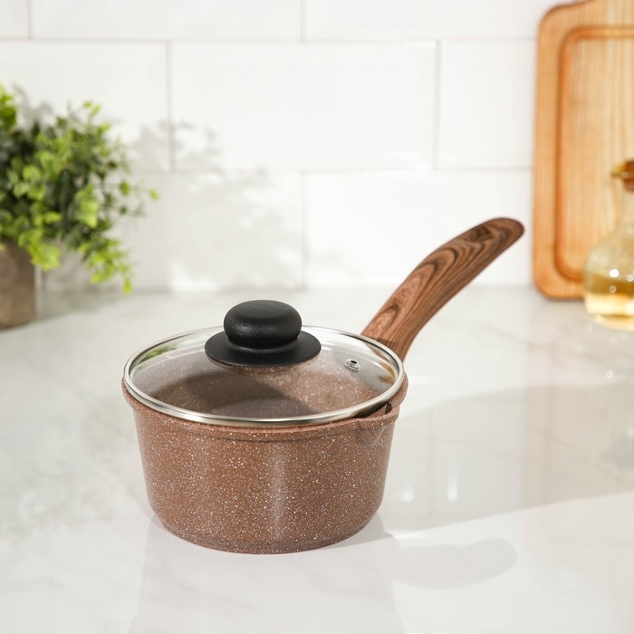 Ковш Доляна &laquo;Брауни&raquo;, 1,3 л, d=17 см, h=8,3 см, стеклянная крышка, антипригарное покрытие, индукция