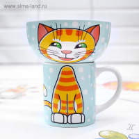 Набор детской посуды из керамики &laquo;Рыжий кот&raquo;, 2 предмета: кружка 200 мл, миска 300 мл
