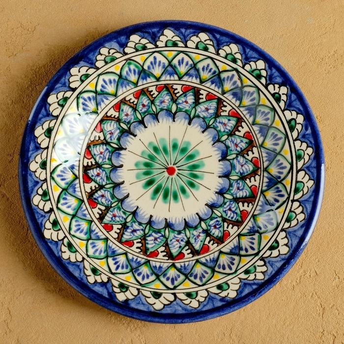 Тарелка Риштанская Керамика "Цветы", синяя, плоская, 17 см, микс