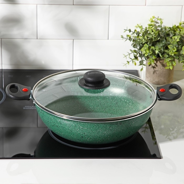 Казан, 4 л, d=28 см, стеклянная крышка, две съёмные ручки, антипригарное покрытие, цвет зелёный Казан, 4 л, d=28 см, стеклянная крышка, две съёмные ручки, антипригарное покрытие, цвет зелёный