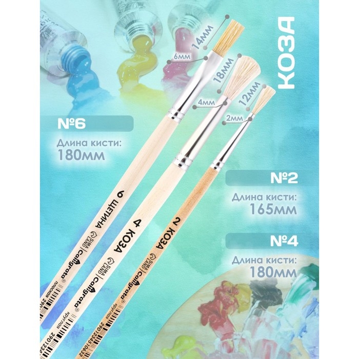 Набор кистей Коза 3 штуки, Calligrata №1 (круглые №: 2, 4 ; плоская №6), деревянная ручка, пакет