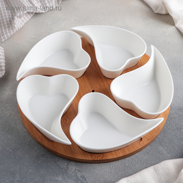 Набор соусников керамических на деревянной подставке &laquo;Эстет. Сердца&raquo;, 5 предметов: 200 мл, цвет белый