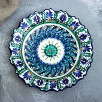 Тарелка Риштанская Керамика "Цветы", синяя, рельефная, 17см