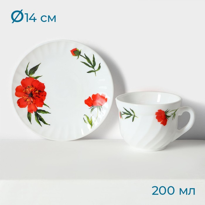 Сервиз чайный &laquo;Бархатная роза&raquo;, 12 предметов: чашка 200 мл, блюдце d=14 см, стеклокерамика, цвет белый