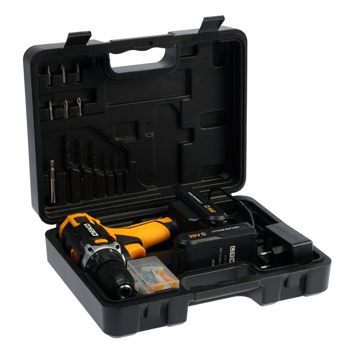 Дрель-шуруповерт DEKO Banger 20V, 20 В, 2х1.5 Ач, кейс + набор инструментов 63 предмета Дрель-шуруповерт DEKO Banger 20V, 20 В, 2х1.5 Ач, кейс + набор инструментов 63 предмета