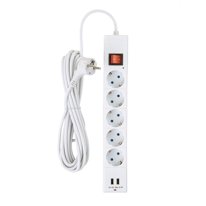 Сетевой фильтр duwi, 5 розеток, 5 м, 10 А, ПВС 3х0.75 мм2, с з/к, 2 USB, со шторками, белый Сетевой фильтр duwi, 5 розеток, 5 м, 10 А, ПВС 3х0.75 мм2, с з/к, 2 USB, со шторками, белый
