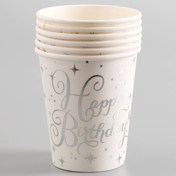 Стаканы бумажные «С днём рождения» с серебрянными звёздами, 6 шт. Стаканы бумажные «С днём рождения» с серебрянными звёздами, 6 шт.